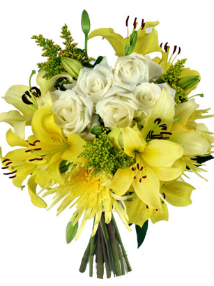 Sunny Side Up - Roses and Lilies Flower Bouquet - Send some sunshine into someone's life by sending this cheerful roses and lilies bouquet. With its bright yellow and white colors, this flower bouquet will certainly make your special someone happy. 
We combine roses, lilies and spider mums to create an uplifting look. Yellow solidago and different greens round out the design. The arrangement really pops with bright colors.

Order this hand-tied bouquet by 1:00 pm EST for FedEx next day delivery Tuesday-Saturday. Elegant vases and other special items are available during checkout. Overnight delivery Tuesday - Friday is $10.99, Saturday is $19.99. 

Satisfaction with your flowers is guaranteed. All of our flower bouquets are shipped farm fresh. Your flowers come hand-tied, budding, and ready to make someone smile.<br><br>Code:10067-8527-10067-0000082812